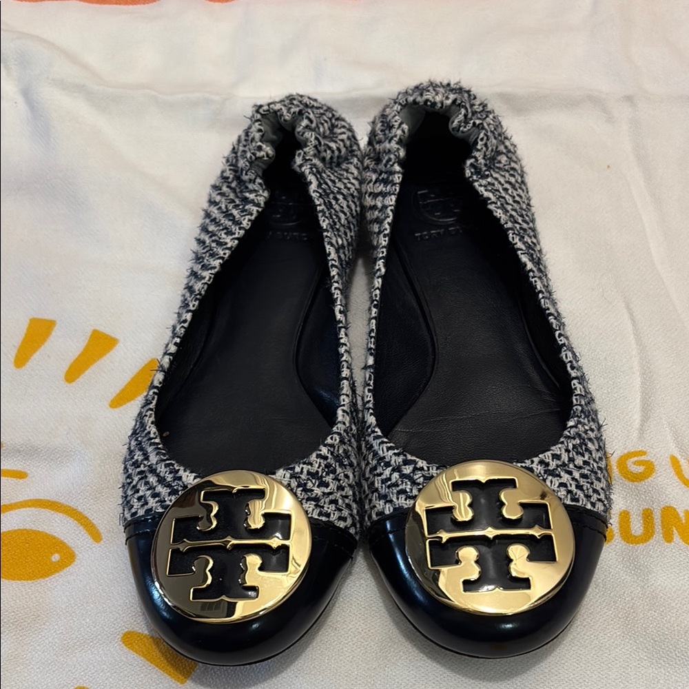 Tory Burch Black and Gold Flats with Gold Hardware